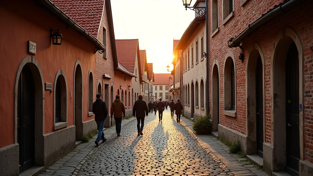Senamiesčio gatvė su raudonais plytų pastatais, viduramžių architektūra ir šiuolaikiniais žmonėmis