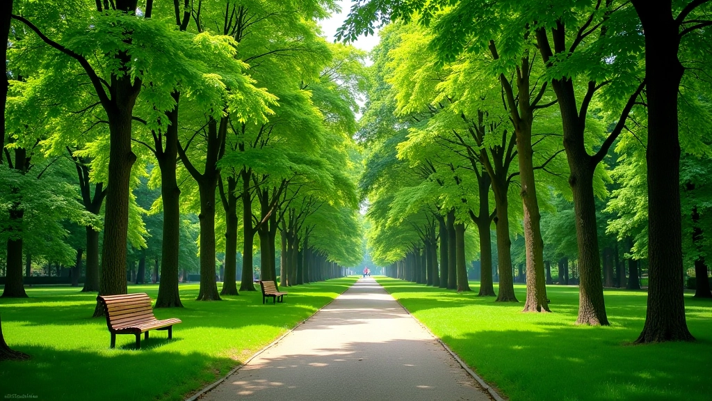 Žaliasis parkas su medžiais, takeliais ir žmonėmis vaikščiojančiais