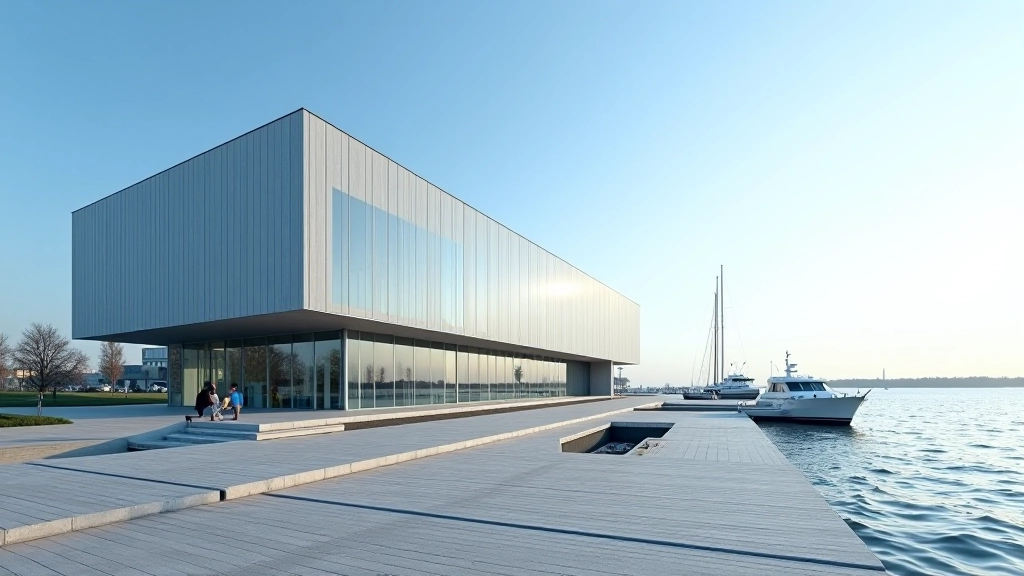 Jūrų muziejus su modernia architektūra ir jūra fone